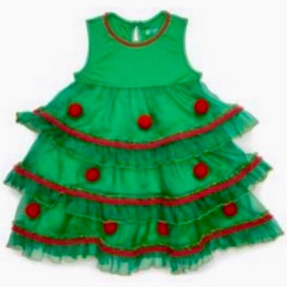 Lightning Bug Girls Tiered Christmas Tree Green / Red Poms Dress 3T Preowned - Picture 4 of 4